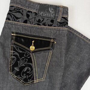 Vtg Clench Jeans‎ 41x31 Y2K Hip Hop Wide Leg Baggy JNCO Style Gold Embroidered